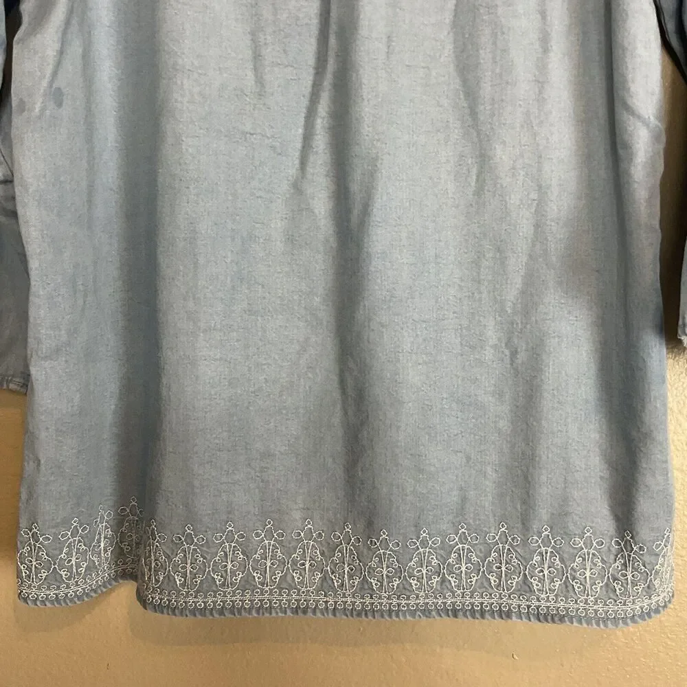J Jill Denim Womens Chambray Embroidered Top Size M Blue Long Sleeve Tassel Boho - Picture 7 of 10